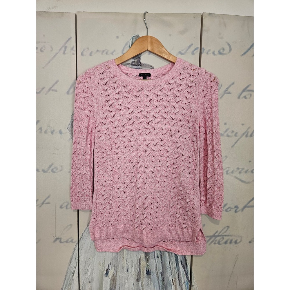 Talbots Sweater XS Pink Pointelle Cotton Linen Knit Chevron Crochet Cottagecore